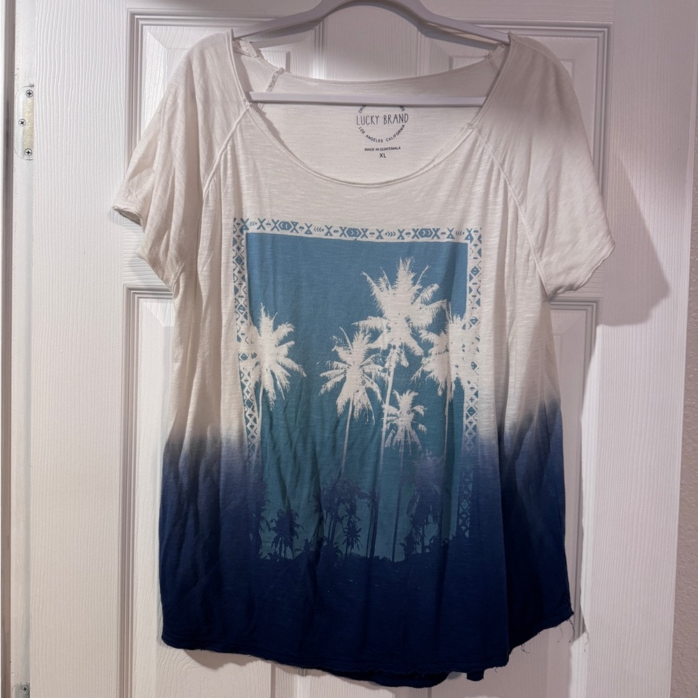 Lucky Brand White to Navy Ombre Palm Graphic Short Sleeve Tee